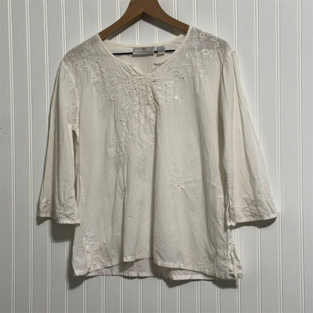 Sacred Threads‎ Embroidered Peasant Blouse S White 100% Cotton Boho Hippie Tunic